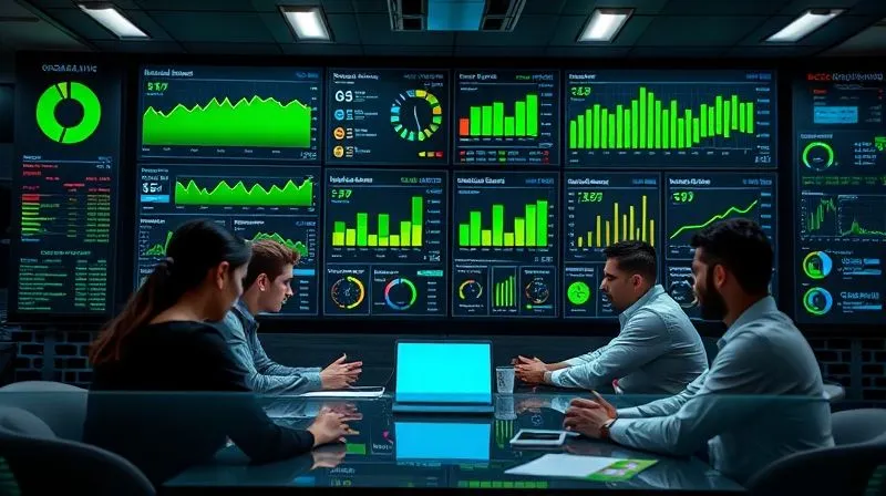 Photorealistic, professional photography, 8K, cinematic lighting, sharp focus, depth of field, shot on a high-end DSLR. A modern, vibrant digital dashboard displaying various operational KPIs (e.g., cycle time, error rate, adherence rate) with green upward trends and clear visual alerts. A diverse team is gathered around, actively discussing the data, conveying real-time monitoring and data-driven decision-making.