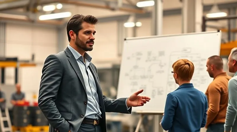 Photorealistic, professional photography, 8K, cinematic lighting, sharp focus, depth of field, shot on a high-end DSLR. A charismatic, professional individual (a 'process steward') standing confidently in a modern office or factory setting, actively engaging with a small team, pointing to a process diagram on a whiteboard. They are seen as a guiding figure, fostering collaboration and understanding among team members.
