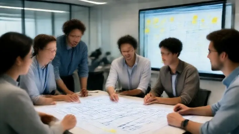 A photorealistic image of a diverse project team, including developers, QA engineers, and business analysts, collaboratively reviewing a blueprint or digital design on a large screen, with sticky notes and diagrams. Professional photography, 8K, cinematic lighting, sharp focus on the collaborative interaction, depth of field blurring the office background, shot on a high-end DSLR. A photorealistic image of a diverse project team, including developers, QA engineers, and business analysts, collaboratively reviewing a blueprint or digital design on a large screen, with sticky notes and diagrams. Professional photography, 8K, cinematic lighting, sharp focus on the collaborative interaction, depth of field blurring the office background, shot on a high-end DSLR.