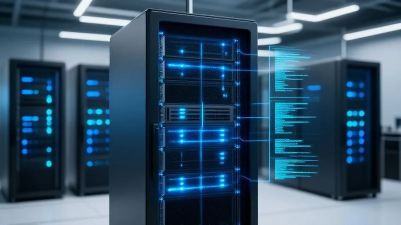 A photorealistic image of a server rack glowing with blue lights in a modern data center, with overlaid digital lines and code snippets representing automated deployment and monitoring. Professional photography, 8K, cinematic lighting, sharp focus on the server details, depth of field blurring the background, shot on a high-end DSLR. A photorealistic image of a server rack glowing with blue lights in a modern data center, with overlaid digital lines and code snippets representing automated deployment and monitoring. Professional photography, 8K, cinematic lighting, sharp focus on the server details, depth of field blurring the background, shot on a high-end DSLR.