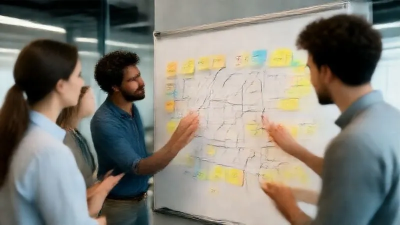 A photorealistic image of a diverse agile team huddled around a whiteboard, actively brainstorming and mapping out a project plan with sticky notes and markers. Professional photography, 8K, cinematic lighting highlighting their focused expressions, sharp focus on the team and whiteboard, depth of field blurring the modern office background, shot on a high-end DSLR. A photorealistic image of a diverse agile team huddled around a whiteboard, actively brainstorming and mapping out a project plan with sticky notes and markers. Professional photography, 8K, cinematic lighting highlighting their focused expressions, sharp focus on the team and whiteboard, depth of field blurring the modern office background, shot on a high-end DSLR.