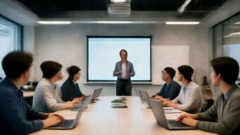 A photorealistic image of a diverse group of QA professionals engaged in a dynamic training session, looking at a presenter on a screen or a whiteboard, with laptops open and engaged expressions. Professional photography, 8K, cinematic lighting, sharp focus on the team's faces and the learning environment, depth of field blurring the modern training room, shot on a high-end DSLR. A photorealistic image of a diverse group of QA professionals engaged in a dynamic training session, looking at a presenter on a screen or a whiteboard, with laptops open and engaged expressions. Professional photography, 8K, cinematic lighting, sharp focus on the team's faces and the learning environment, depth of field blurring the modern training room, shot on a high-end DSLR.