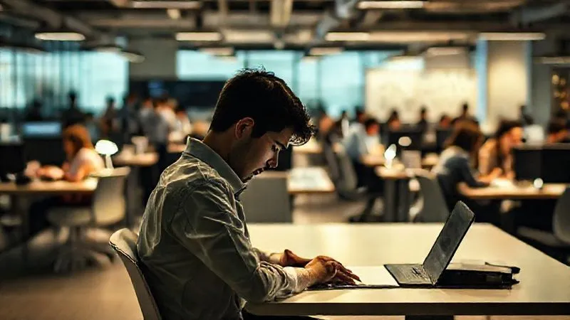 A photorealistic image of a single person sitting alone at a desk in a bustling open-plan office, looking disengaged and isolated, head slightly bowed, while colleagues around them are actively collaborating. The lighting is slightly dim around the individual, contrasting with brighter areas where others are working, conveying a sense of quiet withdrawal. Professional photography, 8K, cinematic lighting, sharp focus, depth of field.