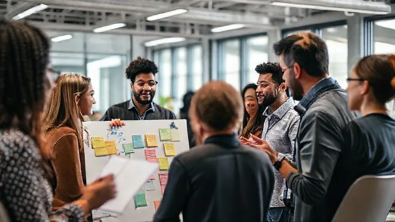 A photorealistic, professional photography, 8K, cinematic lighting, sharp focus, depth of field shot on a high-end DSLR, depicting a diverse group of employees actively participating in a dynamic workshop, with a mentor guiding them. The scene is full of energy, with whiteboards, sticky notes, and engaged discussions, symbolizing skill development and collaborative learning. The environment is modern and bright, fostering growth and interaction.