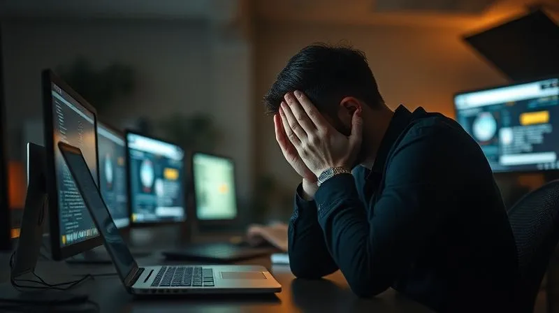 A photorealistic image of a remote worker hunched over a laptop in a dimly lit room, hands covering their face in exhaustion, surrounded by glowing screens, conveying stress and overwhelm. Professional photography, 8K, cinematic lighting, sharp focus on the worker, depth of field blurring the background, shot on a high-end DSLR.