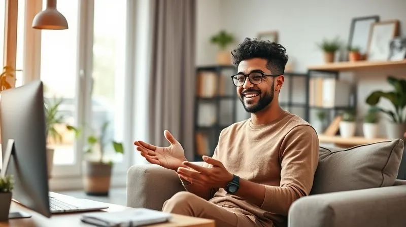 A photorealistic image of a remote worker, diverse and smiling, sitting comfortably in a modern, light-filled home office, confidently presenting ideas on a video call, surrounded by organized tech and personal touches. The atmosphere is calm and productive, with soft, natural cinematic lighting, sharp focus on the individual, depth of field blurring the background, professional photography, 8K, shot on a high-end DSLR.