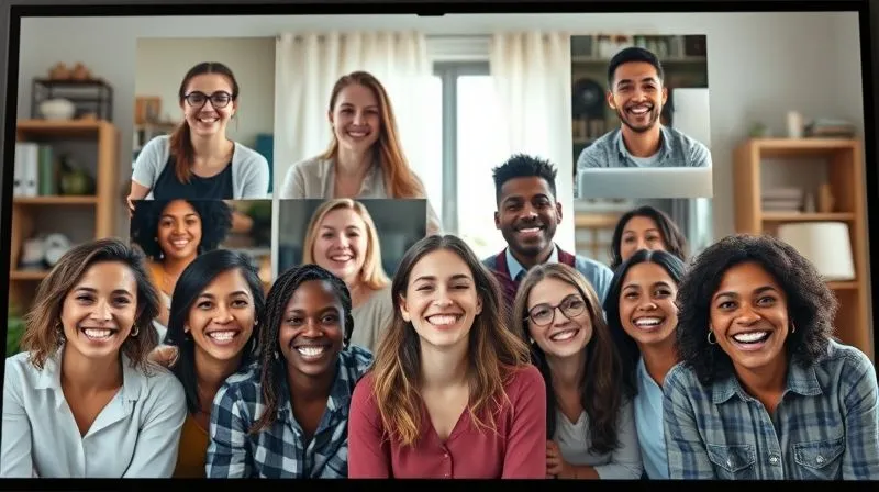 A photorealistic image of a vibrant virtual team meeting with multiple diverse faces on screen, all smiling and engaged, some laughing, creating a sense of camaraderie and connection despite the distance. The background shows various home office settings, with bright, inviting cinematic lighting, sharp focus on the faces, depth of field blurring individual backgrounds, professional photography, 8K, shot on a high-end DSLR.