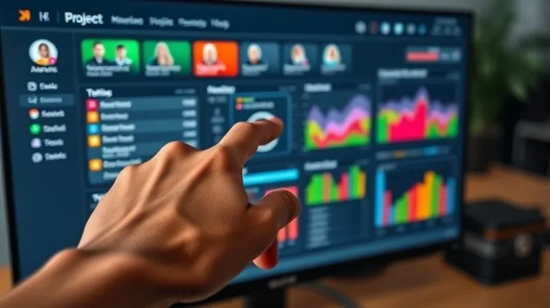 A photorealistic close-up of a digital dashboard on a sleek monitor, displaying project management software with colorful tasks, team member avatars, and progress bars. In the foreground, a diverse hand points to a key metric, illustrating seamless collaboration and clarity in a remote setting. Professional photography, 8K, cinematic lighting, sharp focus on the screen, depth of field blurring the background, shot on a high-end DSLR.