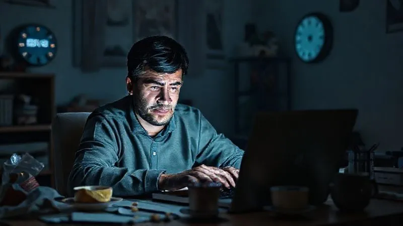 A photorealistic image of a remote worker staring blankly at a laptop screen in a dimly lit home office, surrounded by half-eaten snacks and empty coffee cups, a digital clock showing late hours, cinematic lighting emphasizing exhaustion and mental fog, sharp focus on the worker's weary expression, depth of field blurring the background, 8K hyper-detailed, professional photography, shot on a high-end DSLR. A photorealistic image of a remote worker staring blankly at a laptop screen in a dimly lit home office, surrounded by half-eaten snacks and empty coffee cups, a digital clock showing late hours, cinematic lighting emphasizing exhaustion and mental fog, sharp focus on the worker's weary expression, depth of field blurring the background, 8K hyper-detailed, professional photography, shot on a high-end DSLR.