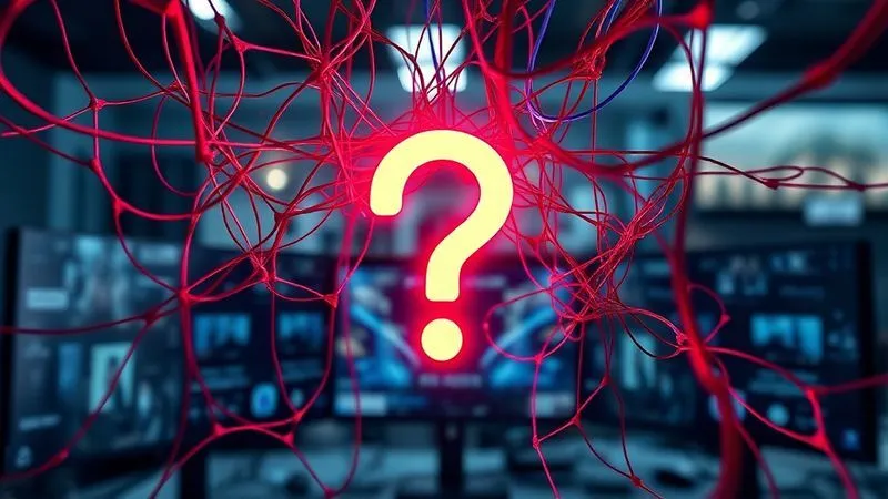 photorealistic, professional photography, 8K, cinematic lighting, sharp focus, depth of field, shot on a high-end DSLR, a complex, tangled web of red and blue threads converging on a single, glowing question mark, symbolizing decision paralysis and confusion in a remote work context. The background is a blurred office setup with multiple screens.