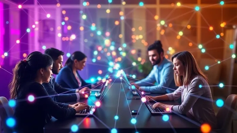A photorealistic image of a diverse group of remote professionals communicating through a glowing, interconnected network of digital lines and nodes, with a clear boundary line separating vibrant 'work' colors from calming 'personal' hues. Cinematic lighting, sharp focus on the central node, depth of field, 8K hyper-detailed, professional photography. A photorealistic image of a diverse group of remote professionals communicating through a glowing, interconnected network of digital lines and nodes, with a clear boundary line separating vibrant 'work' colors from calming 'personal' hues. Cinematic lighting, sharp focus on the central node, depth of field, 8K hyper-detailed, professional photography.