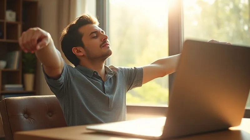 A photorealistic image of a remote worker taking a mindful break, stretching with eyes closed, sunlight streaming through a window, a blurred laptop in the background. The atmosphere is calm and rejuvenating. Cinematic lighting, sharp focus on the person, depth of field, 8K hyper-detailed, professional photography. A photorealistic image of a remote worker taking a mindful break, stretching with eyes closed, sunlight streaming through a window, a blurred laptop in the background. The atmosphere is calm and rejuvenating. Cinematic lighting, sharp focus on the person, depth of field, 8K hyper-detailed, professional photography.