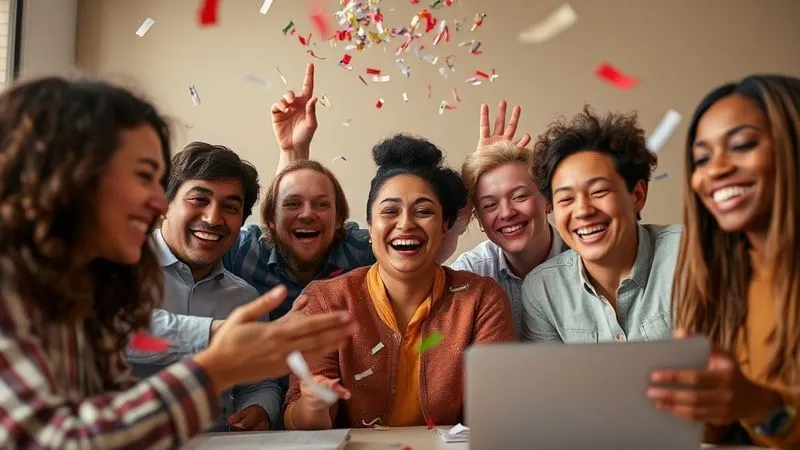 A photorealistic image of a diverse remote team celebrating a small win on a video call, with confetti subtly falling on their screens and genuine smiles on their faces. The atmosphere is joyful and collaborative. Cinematic lighting, sharp focus on the team members, depth of field, 8K hyper-detailed, professional photography. A photorealistic image of a diverse remote team celebrating a small win on a video call, with confetti subtly falling on their screens and genuine smiles on their faces. The atmosphere is joyful and collaborative. Cinematic lighting, sharp focus on the team members, depth of field, 8K hyper-detailed, professional photography.
