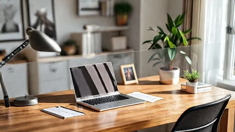 A photorealistic image depicting a clear, invisible barrier or line across a home office desk, separating a laptop and work documents from a personal item like a family photo or a houseplant, with soft, natural light illustrating the distinction between work and personal space. Professional photography, 8K, cinematic lighting, sharp focus, depth of field, shot on a high-end DSLR.