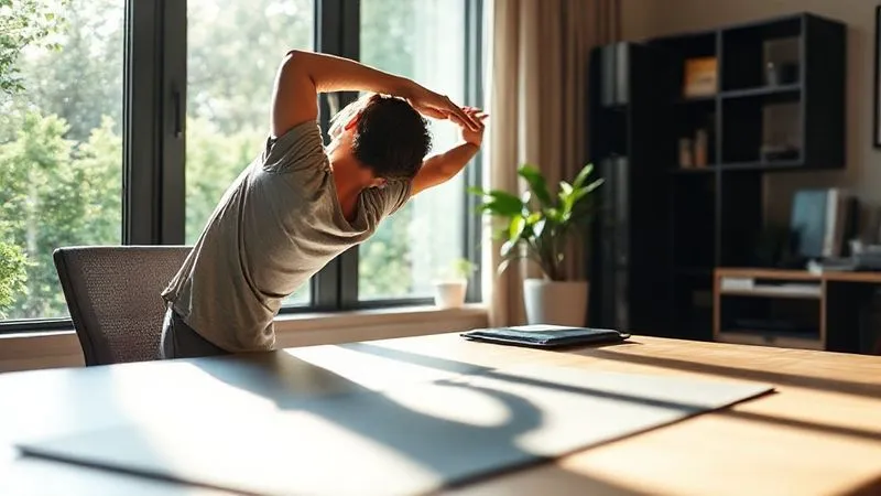 A photorealistic image of a person gently stretching at a home office desk, with a yoga mat partially visible and a window offering a view of nature in the background. The lighting is soft and natural, emphasizing a sense of calm and well-being. Professional photography, 8K, cinematic lighting, sharp focus on the person, depth of field blurring the background, shot on a high-end DSLR.