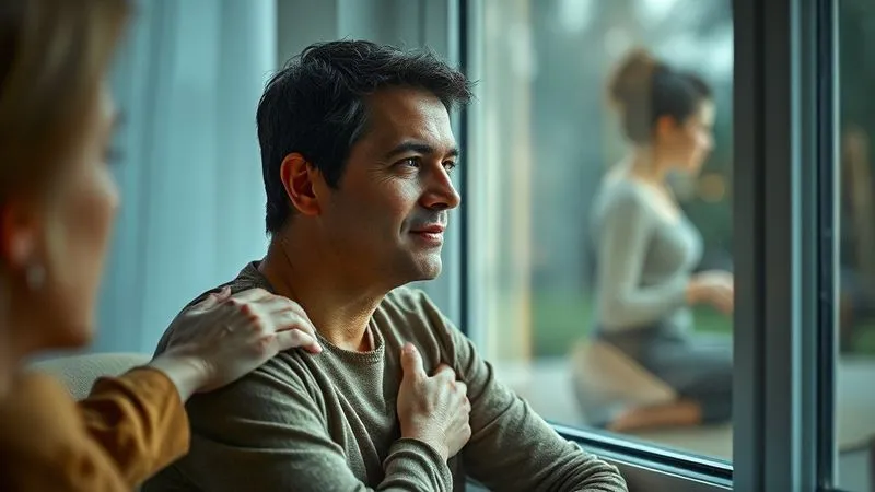 A photorealistic image of a person sitting thoughtfully, looking out a window, with a comforting presence (perhaps a blurred figure or a hand on their shoulder) nearby, symbolizing support and care. The scene is calm, with soft, empathetic lighting. Professional photography, 8K, cinematic lighting, sharp focus on the person's expression, depth of field, shot on a high-end DSLR.