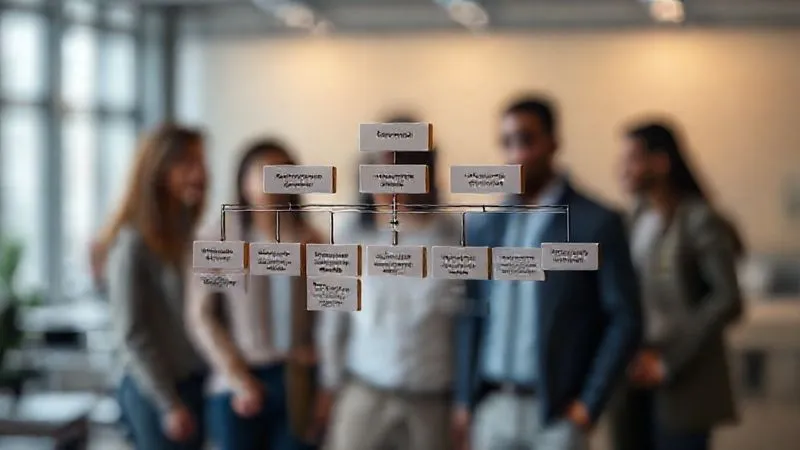A photorealistic 3D visual representation of a Work Breakdown Structure (WBS) for a complex software development project. The WBS shows hierarchical levels of tasks and sub-tasks, clearly segmented and labeled, with a distinct boundary line defining the overall project scope. Cinematic lighting, sharp focus on the structure, depth of field blurring a background of diverse, collaborative team members. 8K, professional photography, shot on a high-end DSLR.