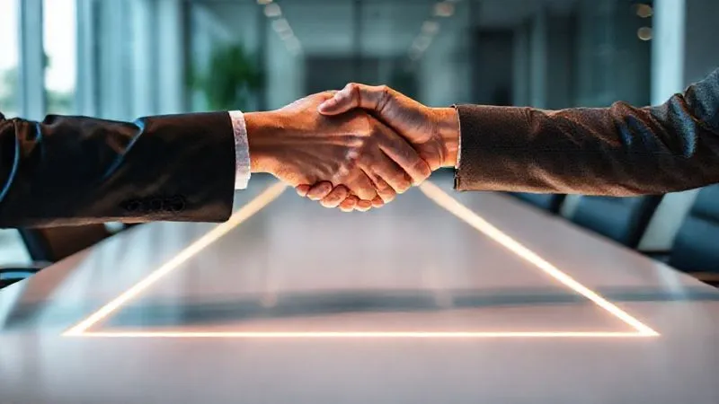 A photorealistic, professional photography, 8K image of two business professionals shaking hands over a clearly defined, glowing boundary line on a conference table, symbolizing agreement on project scope. One person has a slightly more assertive posture, but the handshake is firm and respectful. Cinematic lighting, sharp focus on the hands and the boundary, depth of field blurring the background of a modern office. Shot on a high-end DSLR.