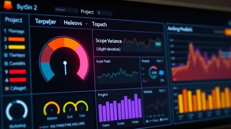 A photorealistic image of a digital dashboard displaying project health metrics, with a prominent 'Scope Variance' indicator showing a slight deviation, glowing red as a warning. The dashboard is clean and modern, with cinematic lighting. Professional photography, 8K hyper-detailed.