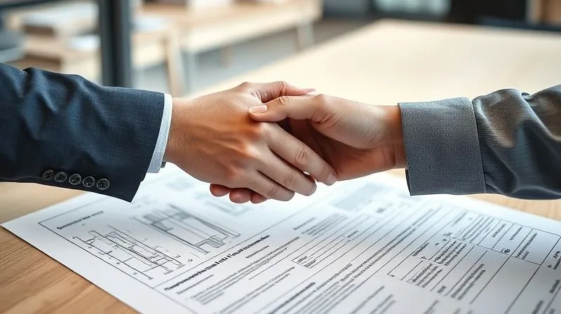 A photorealistic image of two professional hands, one belonging to a consultant and the other to a client, firmly shaking over a meticulously detailed project blueprint and a signed Statement of Work document. The focus is on the agreement and clarity. Cinematic lighting, sharp focus, depth of field blurring the background of a modern, clean office. 8K hyper-detailed, professional photography.