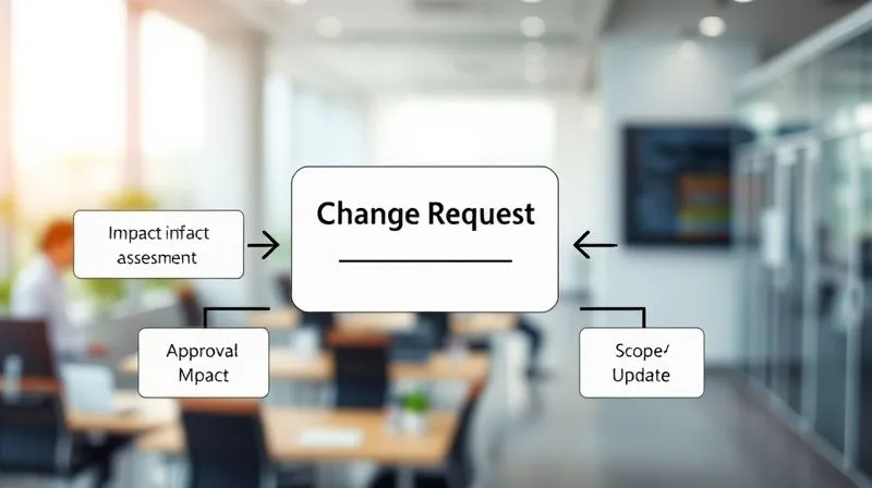 A photorealistic image of a structured project workflow diagram, with a prominent 'Change Request' box highlighted, showing arrows leading to 'Impact Assessment', 'Approval', and 'Scope Update'. The visual is clean, professional, and depicts a controlled process. Cinematic lighting, sharp focus, depth of field blurring a busy office in the background. 8K hyper-detailed, professional photography.