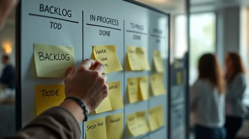 A photorealistic image of an agile scrum board, with sticky notes clearly categorized into 'Backlog', 'To Do', 'In Progress', and 'Done'. A consultant's hand is seen moving a sticky note from 'Backlog' to 'To Do', symbolizing controlled prioritization. Cinematic lighting, sharp focus on the board, depth of field blurring a collaborative team in the background. 8K hyper-detailed, professional photography.