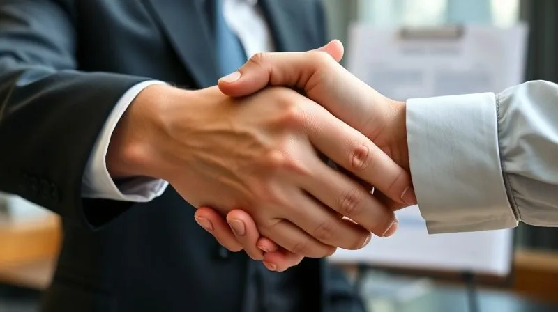 A photorealistic image of two professional hands, one belonging to a consultant and the other to a client, clasped in a firm but amicable handshake, symbolizing mutual understanding and clear boundaries. The consultant's expression is assertive yet respectful. Cinematic lighting, sharp focus, depth of field blurring a strategic document in the background. 8K hyper-detailed, professional photography.