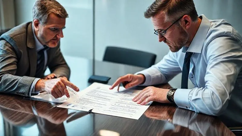 A photorealistic image of a professional consultant and a client meticulously reviewing a detailed Statement of Work (SOW) document on a conference table. They are pointing at specific clauses with focused expressions. Cinematic lighting, sharp focus on the document and their hands, depth of field. 8K hyper-detailed, professional photography, shot on a high-end DSLR.