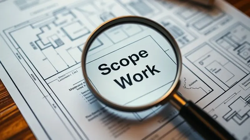 A photorealistic image of a detailed project blueprint laid out on a table, with a magnifying glass hovering over a section titled 'Scope of Work.' The blueprint is meticulously drawn, highlighting defined boundaries and deliverables. Professional photography, 8K, cinematic lighting, sharp focus on the magnified area, depth of field blurring the rest of the table, shot on a high-end DSLR. A photorealistic image of a detailed project blueprint laid out on a table, with a magnifying glass hovering over a section titled 'Scope of Work.' The blueprint is meticulously drawn, highlighting defined boundaries and deliverables. Professional photography, 8K, cinematic lighting, sharp focus on the magnified area, depth of field blurring the rest of the table, shot on a high-end DSLR.