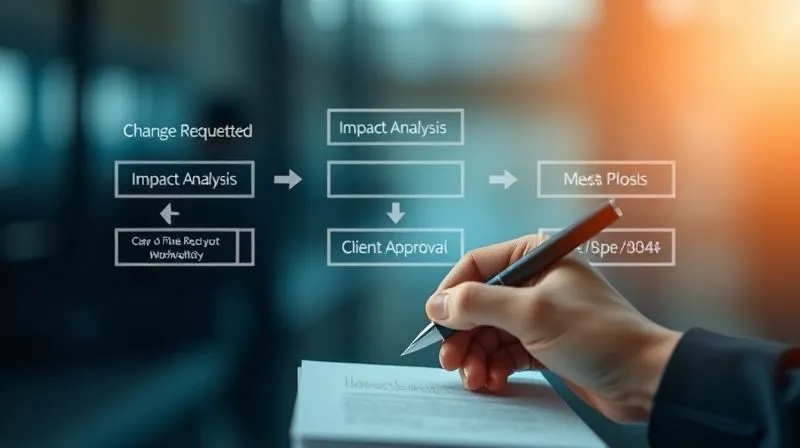 A photorealistic image of a document workflow diagram, showing arrows moving between 'Change Request Submitted,' 'Impact Analysis,' and 'Client Approval.' The diagram is clean and professional, with a hand holding a pen poised to sign a document in the foreground. 8K, cinematic lighting, sharp focus on the workflow, depth of field blurring the background, professional photography, shot on a high-end DSLR. A photorealistic image of a document workflow diagram, showing arrows moving between 'Change Request Submitted,' 'Impact Analysis,' and 'Client Approval.' The diagram is clean and professional, with a hand holding a pen poised to sign a document in the foreground. 8K, cinematic lighting, sharp focus on the workflow, depth of field blurring the background, professional photography, shot on a high-end DSLR.