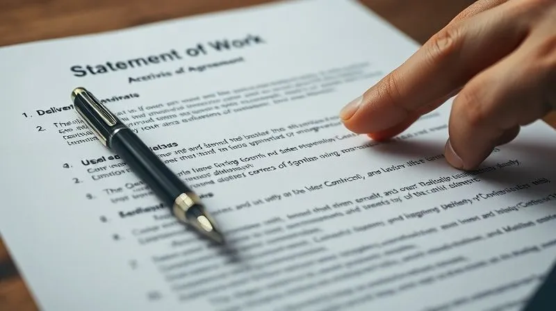 photorealistic, professional photography, 8K, cinematic lighting, sharp focus on a meticulously organized Statement of Work document, with sections clearly demarcated by bold headings and bullet points, a pen resting on a signature line, depth of field blurring a consultant's hand pointing to a specific clause on 'Deliverables and Exclusions', shot on a high-end DSLR, emphasizing clarity and contractual agreement.