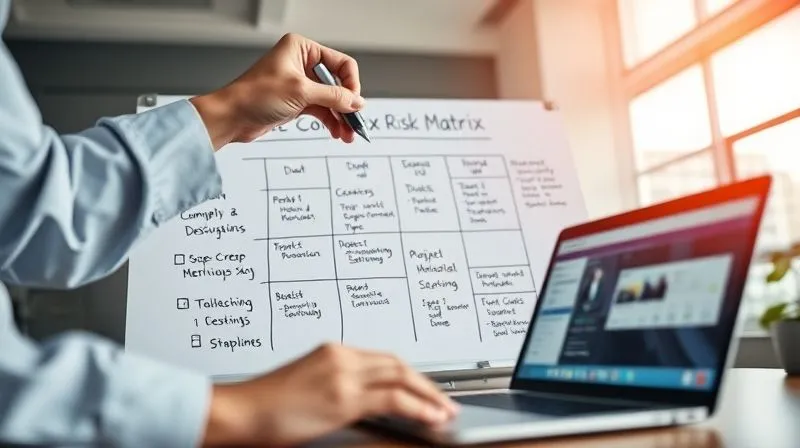 photorealistic, professional photography, 8K, cinematic lighting, sharp focus on a consultant's hand drawing a complex risk matrix on a clear whiteboard, with various potential scope creep triggers identified and mitigation strategies listed, depth of field blurring a laptop screen showing a project timeline, shot on a high-end DSLR, conveying foresight and strategic planning.