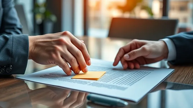 photorealistic, professional photography, 8K, cinematic lighting, sharp focus on two professional hands shaking over a contract document, one hand gently but firmly pressing down on a small, out-of-scope sticky note placed on the contract, depth of field blurring the background of a modern office, shot on a high-end DSLR, conveying respectful boundary setting and contractual adherence.