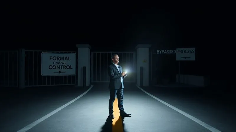 A photorealistic image depicting a project manager standing at a crossroads. One path is clearly marked 'Formal Change Control' with a structured, well-lit gate. The other path is a shadowy, winding shortcut labeled 'Bypassed Process', with shadowy figures whispering. The project manager looks determined, holding a flashlight towards the formal path, cinematic lighting, 8K, sharp focus, depth of field, shot on a high-end DSLR.