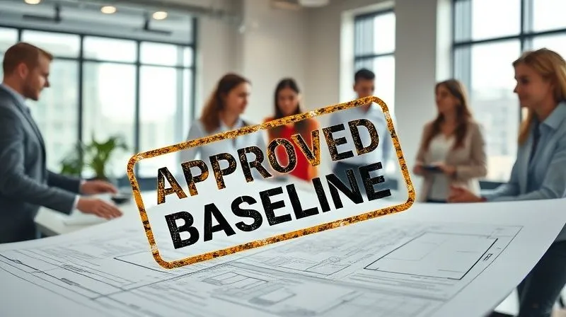 A photorealistic image of a highly detailed project plan document, with a strong, glowing 'Approved Baseline' stamp. Surrounding it are diverse professionals in a well-lit modern office, actively collaborating and discussing, showcasing transparent communication, 8K, cinematic lighting, sharp focus, depth of field, shot on a high-end DSLR.