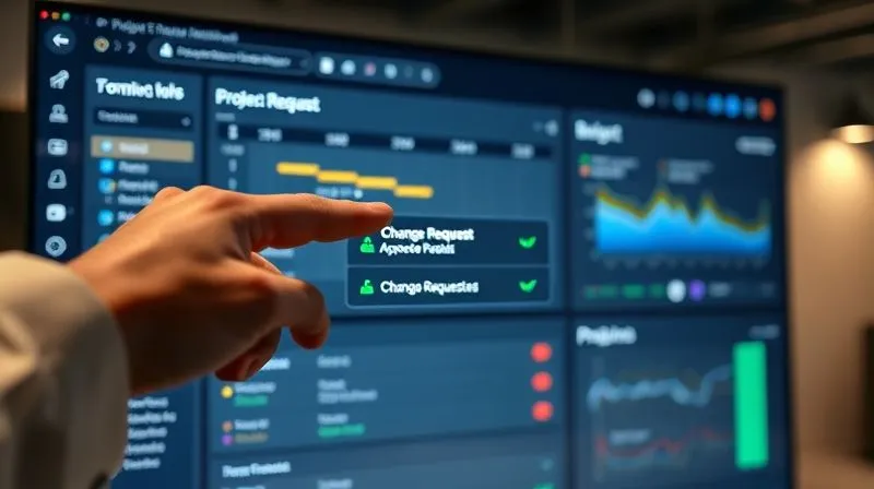 A photorealistic image of a modern project management dashboard on a large monitor, showing a clear project timeline, budget, and a dedicated section for 'Change Requests' with green (approved) and red (pending) indicators. A hand points to the change request section, illustrating control and transparency, 8K, cinematic lighting, sharp focus, depth of field, shot on a high-end DSLR.