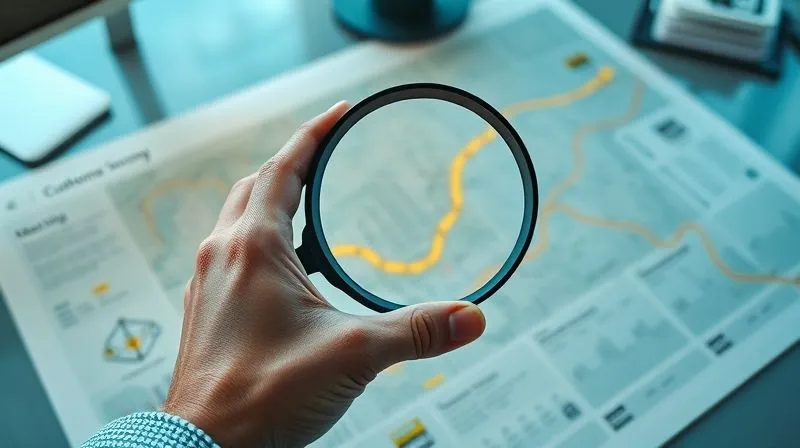 A photorealistic, professional photography image of a detailed, glowing customer journey map spread across a modern desk, with a hand holding a magnifying glass over a specific 'drop-off' point. 8K, cinematic lighting, sharp focus on the map and magnifying glass, depth of field, shot on a high-end DSLR.