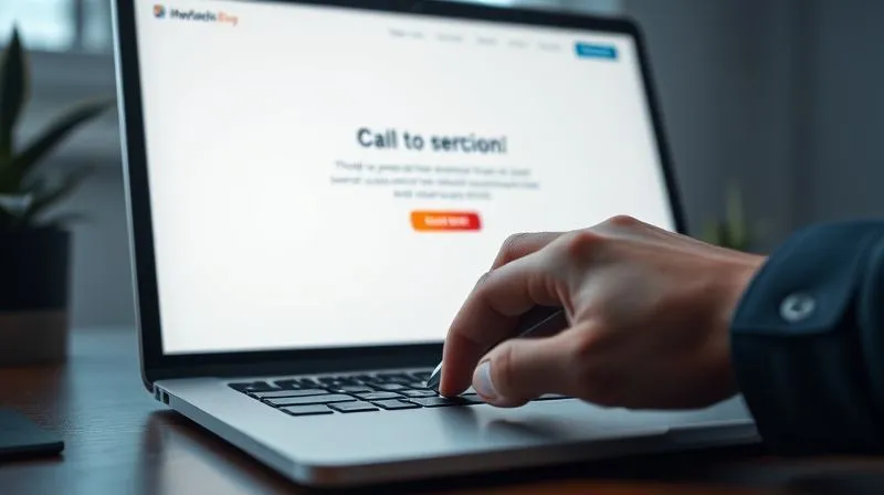 A photorealistic image of a sleek, modern landing page on a laptop screen, with a clearly visible, engaging call-to-action button glowing. A skilled hand is poised over the mouse, about to click. The background is a minimalist, professional workspace. 8K, cinematic lighting, sharp focus on the screen, depth of field, shot on a high-end DSLR.