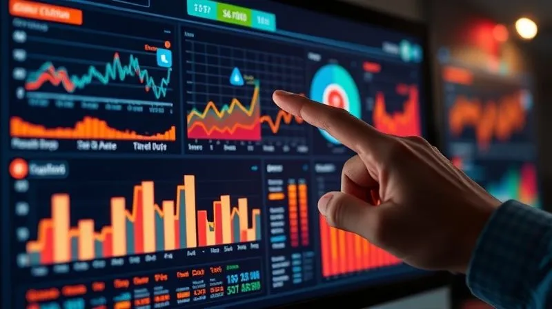 A photorealistic, professional photography image of a modern data dashboard displaying complex sales funnel analytics, with a focus on conversion rates and drop-off points. The screen glows with vibrant charts and graphs, and a hand is pointing to a specific trend. 8K, cinematic lighting, sharp focus on the dashboard, depth of field, shot on a high-end DSLR.