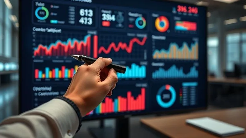 Photorealistic, professional photography, 8K, cinematic lighting, sharp focus, depth of field, shot on a high-end DSLR. A professional business dashboard displayed on a large monitor, showing various charts and graphs representing sales, customer satisfaction, and operational efficiency. The data is clearly segmented by territory, with one section highlighted in red, indicating underperformance. A hand with a pen points to a specific metric on the screen, implying analysis and critical decision-making. The setting is a modern, analytical office environment.