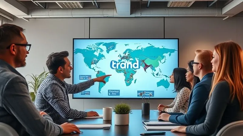 Photorealistic, professional photography, 8K, cinematic lighting, sharp focus, depth of field, shot on a high-end DSLR. A diverse team of marketers in a modern, collaborative office. On a large digital screen, a global brand logo is seamlessly integrated with localized text and imagery from different countries. One team member points to a map showing various global markets, while others discuss strategy, conveying the concept of adapting a universal brand for diverse local cultures and markets.