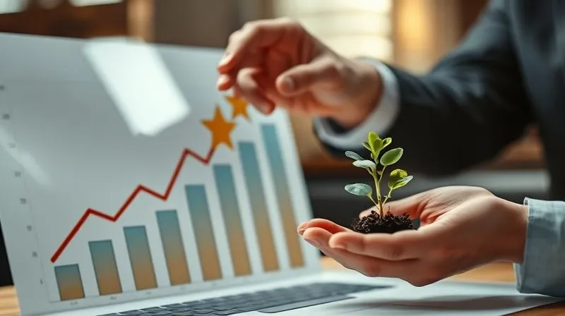 Photorealistic, professional photography, 8K, cinematic lighting, sharp focus, depth of field, shot on a high-end DSLR. A hand reaching out to place a gold star on a chart that clearly shows upward growth, while another hand gently guides a smaller, slightly struggling plant towards a light source. The scene conveys both recognition for success and supportive intervention for areas needing improvement, set in a professional, empathetic business context with subtle warm lighting.