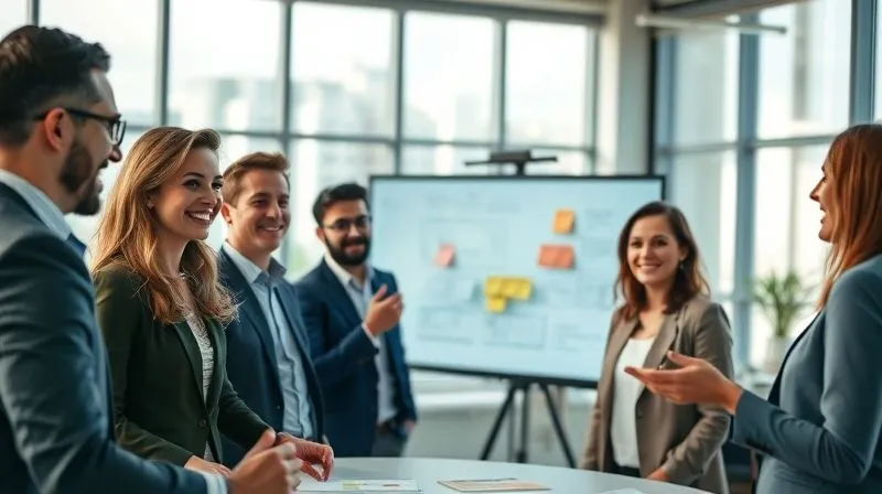 A photorealistic, professional photography, 8K, cinematic lighting, sharp focus, depth of field, shot on a high-end DSLR, showing a diverse group of smiling, engaged professionals collaborating in a modern, well-lit office space. One person is presenting on a large screen, others are brainstorming with sticky notes, all conveying a positive and innovative work culture. The scene is vibrant and inviting, representing a strong employer brand.