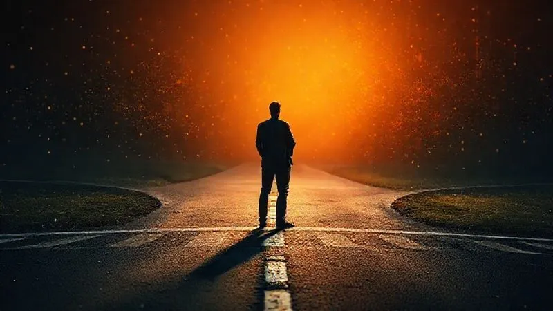 A photorealistic, professional photography, 8K, cinematic lighting, sharp focus, depth of field, shot on a high-end DSLR, a lone figure standing confidently at a crossroads, looking towards a challenging but rewarding path, symbolic of a top performer's drive for growth and purpose, abstract data flowing around them subtly.