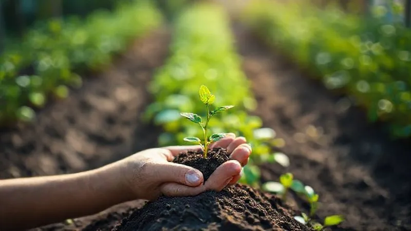 A photorealistic, professional photography, 8K, cinematic lighting, sharp focus, depth of field, shot on a high-end DSLR, a hand holding a single, vibrant green seedling, gently placing it into fertile soil, symbolizing nurturing growth and empowerment, the background showing a blurred but thriving garden, shot with soft, natural light.
