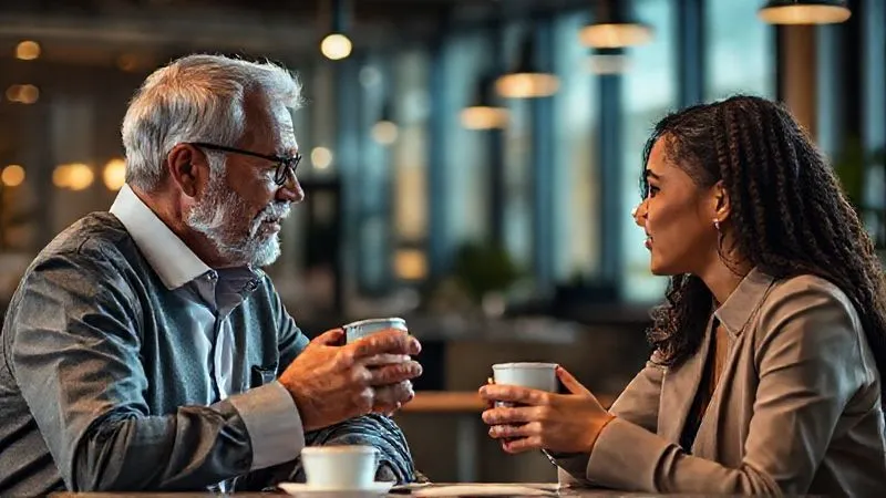 A photorealistic, professional photography, 8K, cinematic lighting, sharp focus, depth of field, shot on a high-end DSLR, two diverse professionals, one older and one younger, engaged in a deep, constructive conversation over coffee in a modern office lounge, strong visual connection, symbolizing mentorship and knowledge transfer, warm, inviting light.