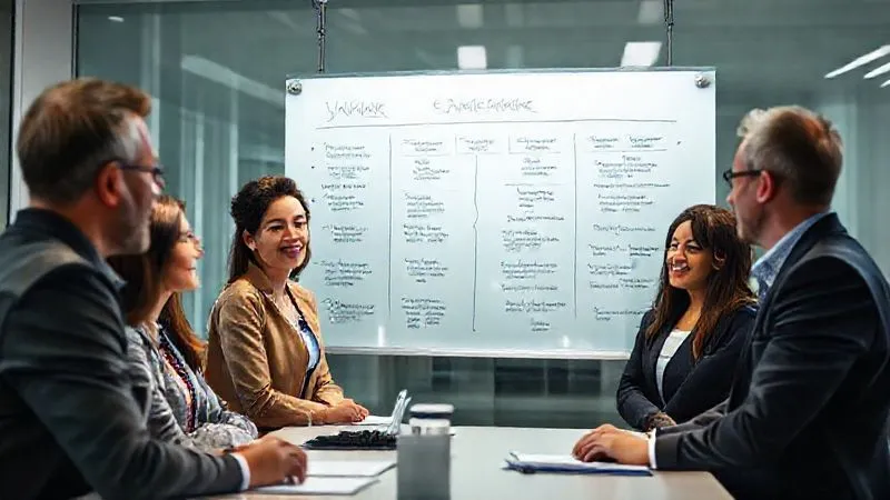 A photorealistic, professional photography, 8K, cinematic lighting, sharp focus, depth of field, shot on a high-end DSLR, a diverse team of professionals looking intently at a large, transparent whiteboard displaying a clear, inspiring company vision and strategic roadmap, all with expressions of understanding and alignment, bright, optimistic lighting.