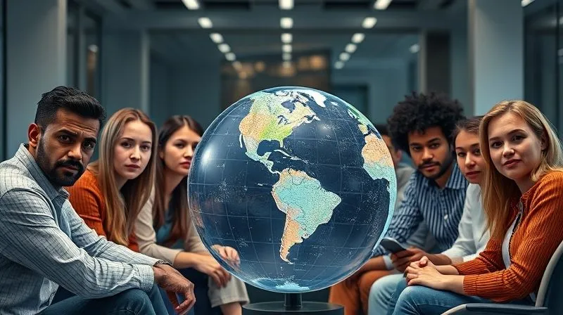 A photorealistic, professional photograph showing a diverse team of individuals from various ethnic backgrounds, seated around a large holographic globe, each person looking engaged but with subtle expressions of frustration or confusion on some faces, highlighting the challenges of global collaboration. Cinematic lighting, sharp focus on the team, depth of field blurring a modern office background, 8K hyper-detailed.
