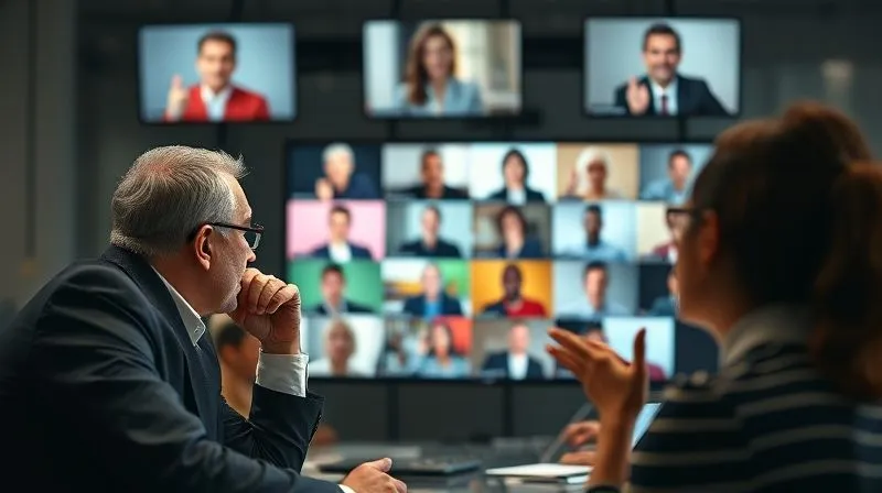A photorealistic, professional photograph depicting a diverse group of business professionals engaged in a video conference call, with multiple screens showing faces from different parts of the world. One person is actively listening, leaning forward, while another is gesturing thoughtfully. The scene should convey seamless, empathetic communication. Cinematic lighting, sharp focus on the main participant and screen, depth of field blurring the background, 8K hyper-detailed.