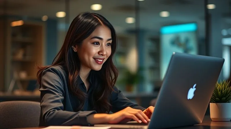 A photorealistic, professional photograph of a diverse team member, perhaps a woman from Southeast Asia, looking confidently at a laptop screen, with a subtle glow around her, indicating empowerment and innovation. Her workspace is modern and organized, suggesting autonomy. Cinematic lighting, sharp focus on the individual and her expression, depth of field blurring the background, 8K hyper-detailed.